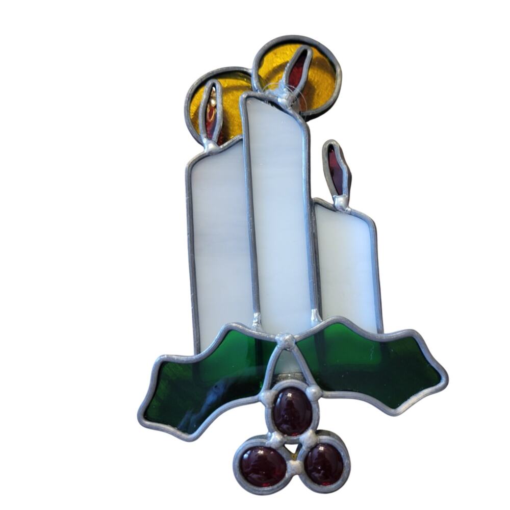 Vtg Stained Glass Lead Suncatcher Candle & Holly Berries Christmas 6" Decor